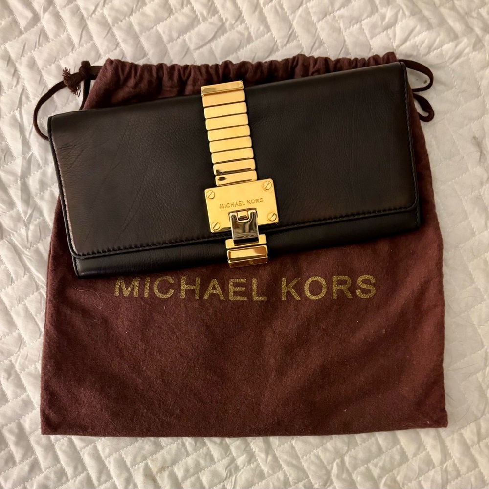 Michael Kors Black Clutch w/ Gold Hardware & Dust Bag
